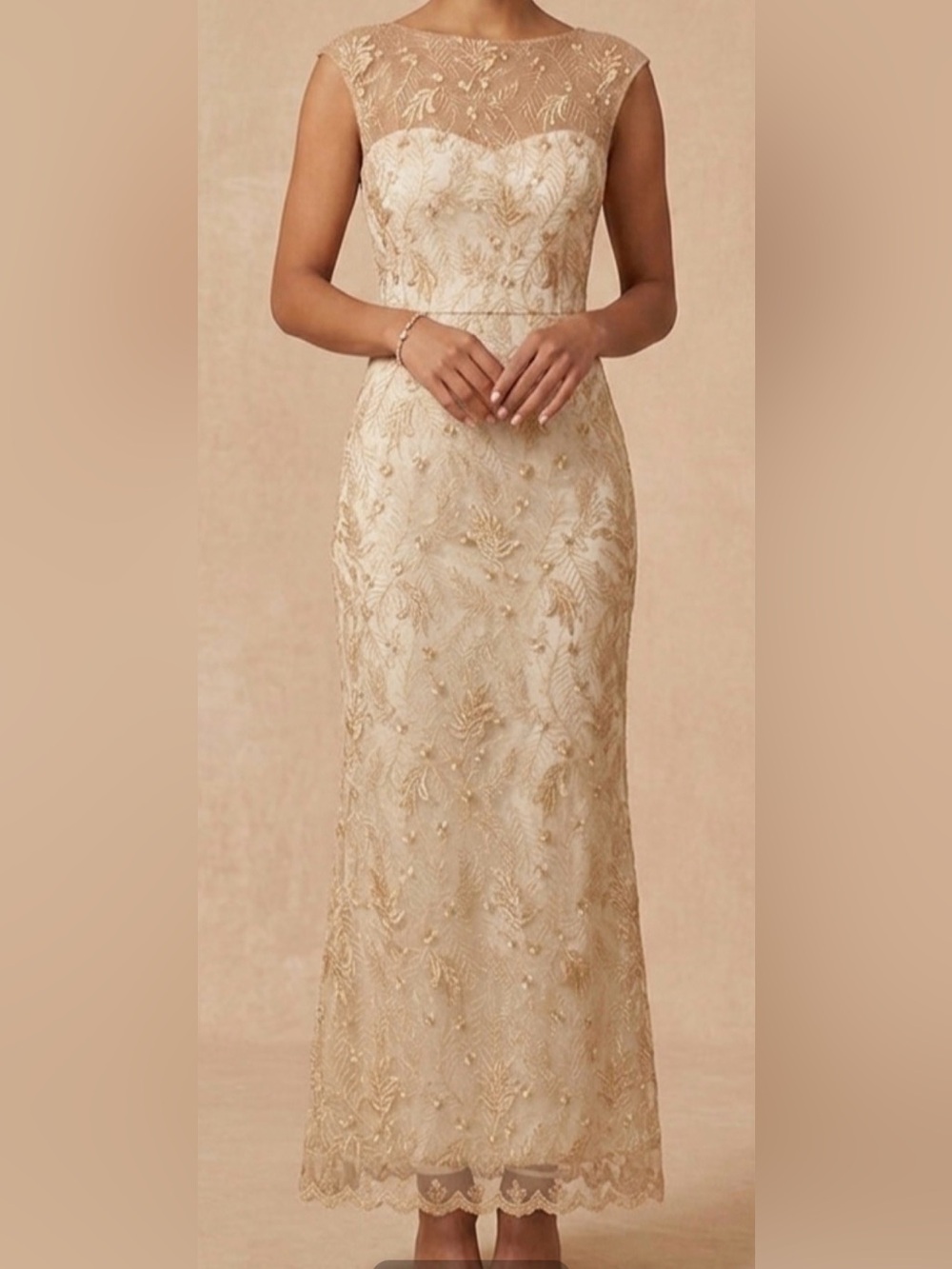 Champagne Sleeveless Sheath Dress with Gold Embroidered Overlay #385 - Picture 7 of 13